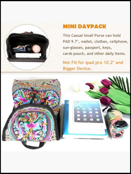 Floral Embroidery Canvas Drawstring Backpack Vintage Daypack Travel Shoulder Bag main image 4